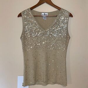 Once again women’s sweater top Large sleeveless sequin vneck knit gold silver